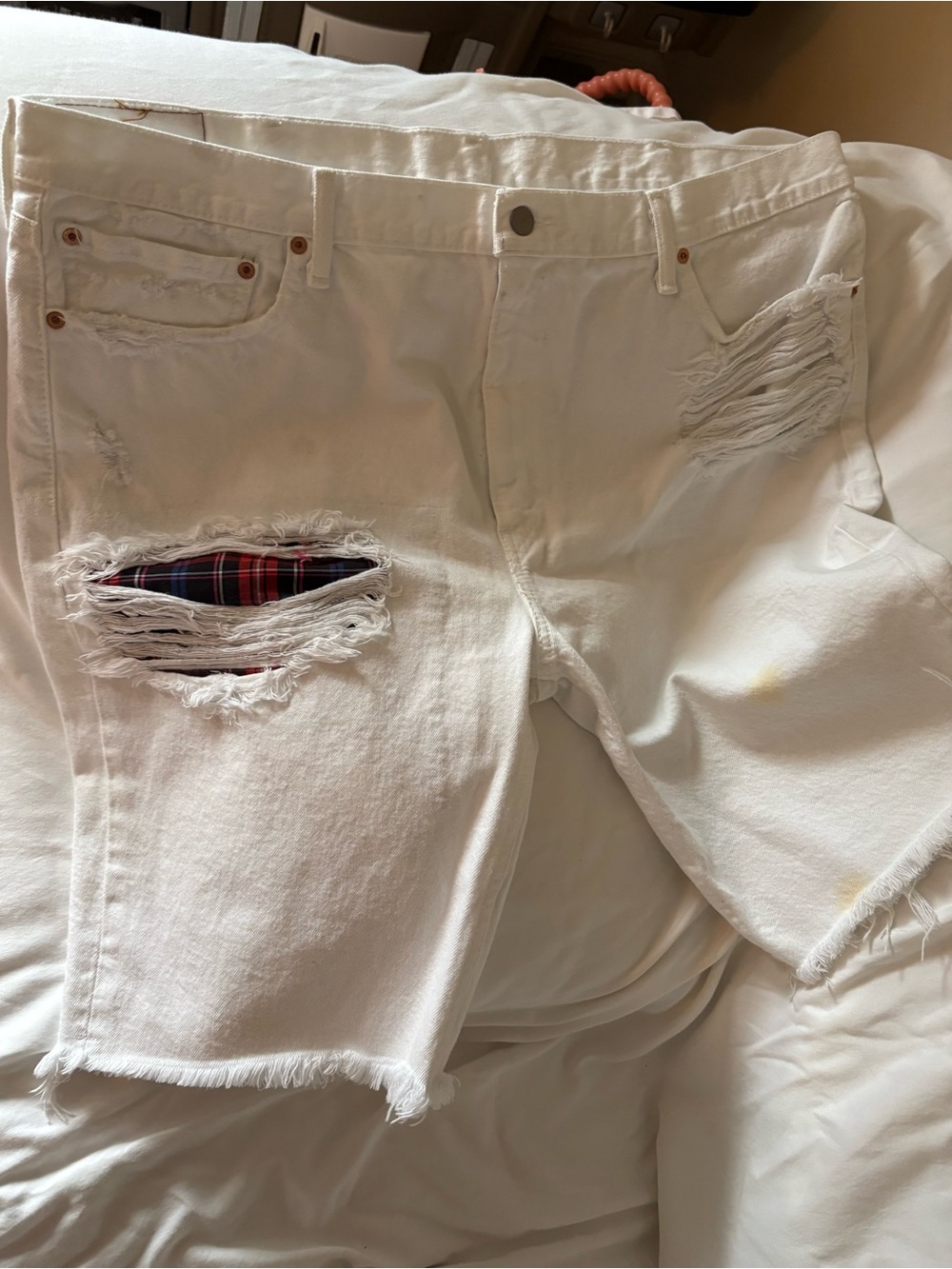 Men's White Distressed Denim Shorts with Plaid Patch